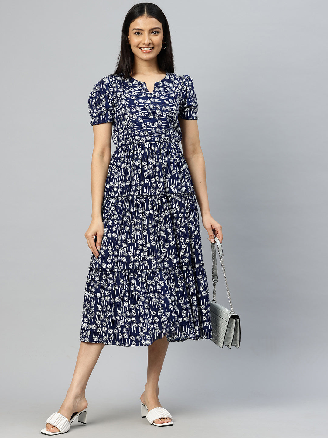 Cottinfab Print Puff Sleeves Crepe Fit & Flare Midi Dress