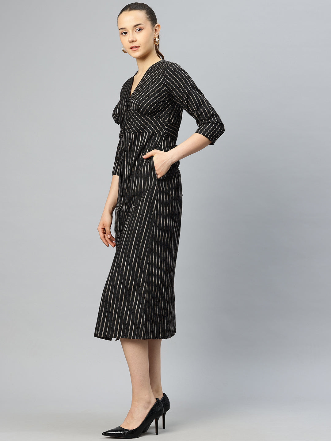 Cottinfab Embroidered A-Line Midi Dress with Tie-Up Detail