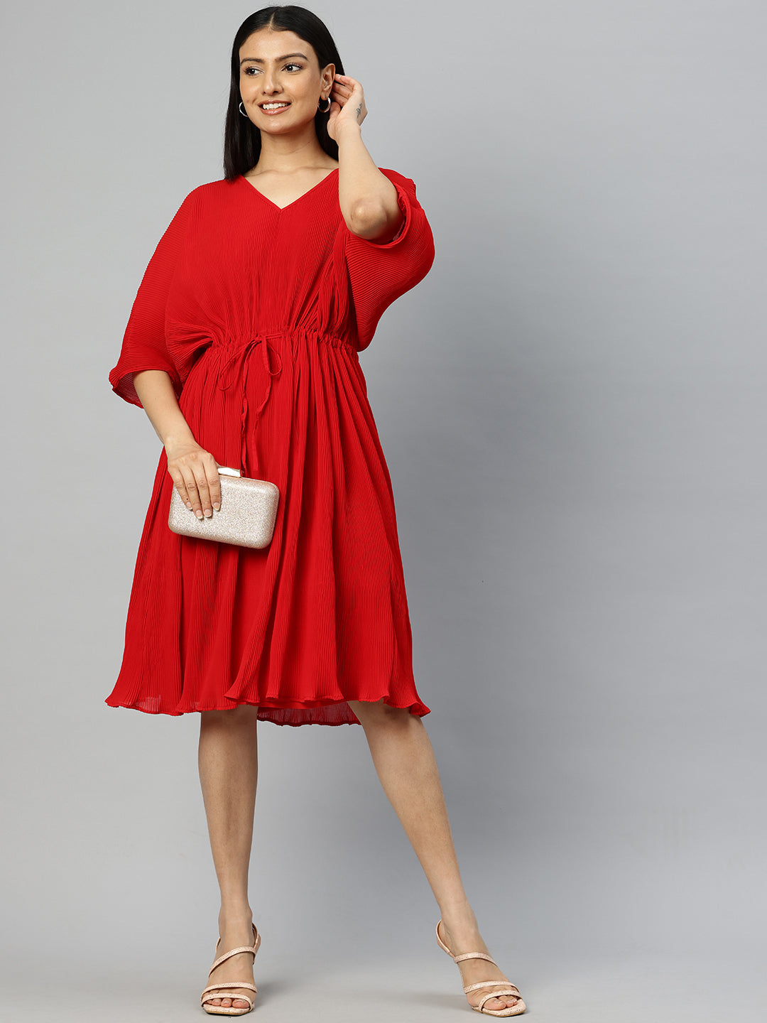 Cottinfab Batwing Sleeves Accordion Pleated Georgette Kaftan Dress