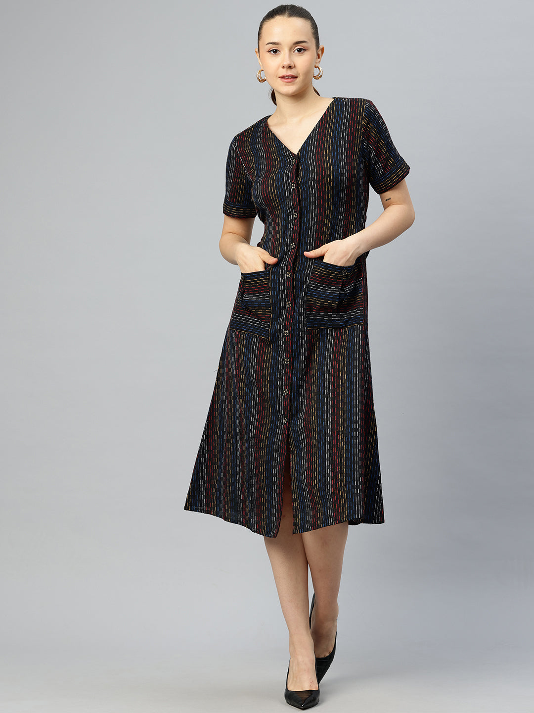 Cottinfab Striped A-Line Midi Dress With Embroidered Detail