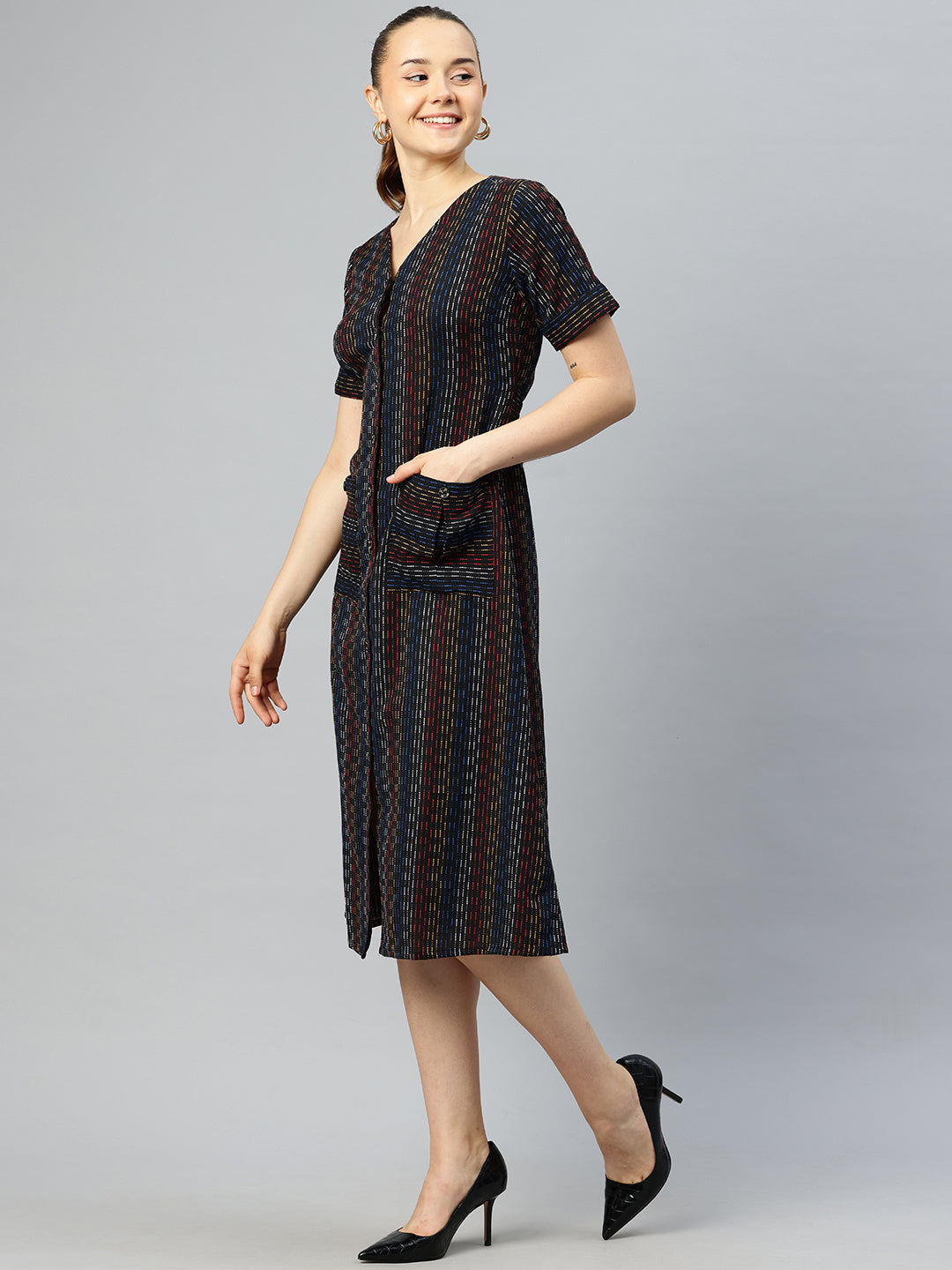 Cottinfab Striped A-Line Midi Dress With Embroidered Detail