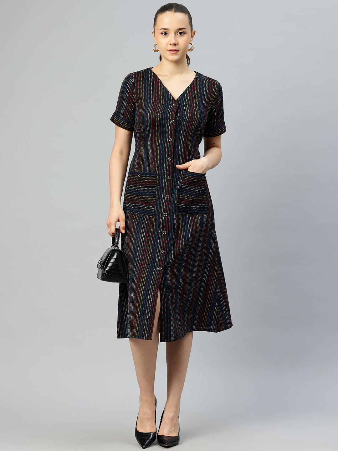 Cottinfab Striped A-Line Midi Dress With Embroidered Detail