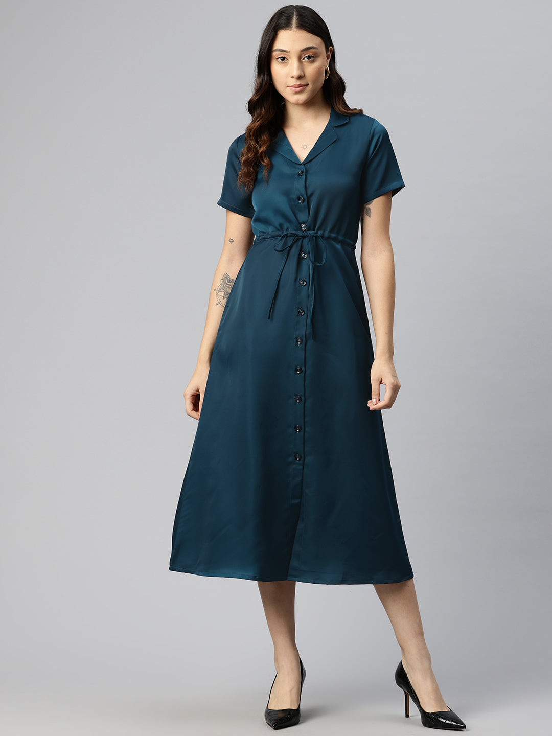 Cottinfab Satin Shirt Midi Dress with Tie-Up Detail