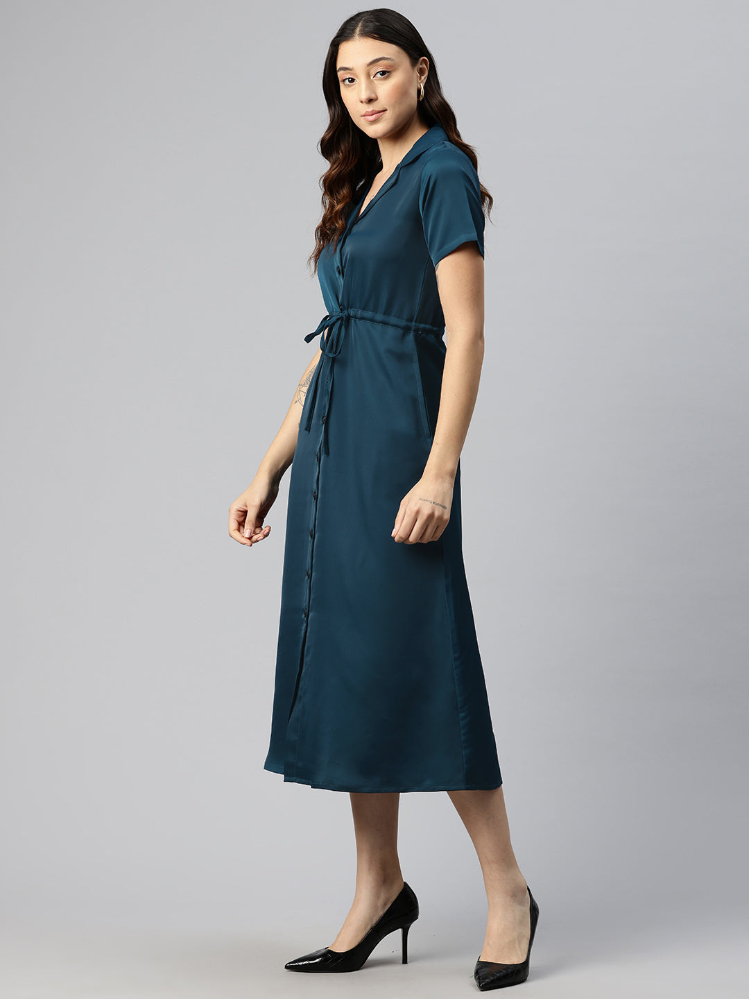 Cottinfab Satin Shirt Midi Dress with Tie-Up Detail