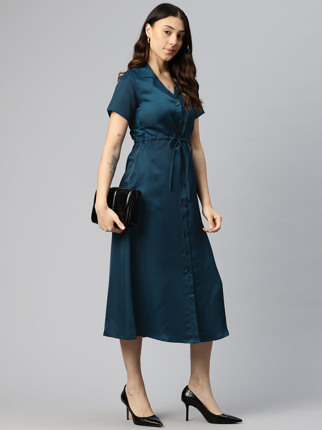 Cottinfab Satin Shirt Midi Dress with Tie-Up Detail