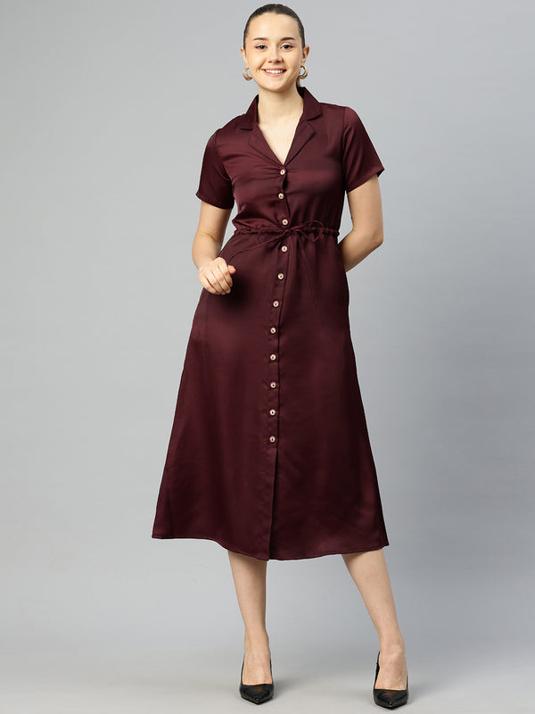 Cottinfab Satin Shirt Midi Dress With Tie-Up Detail