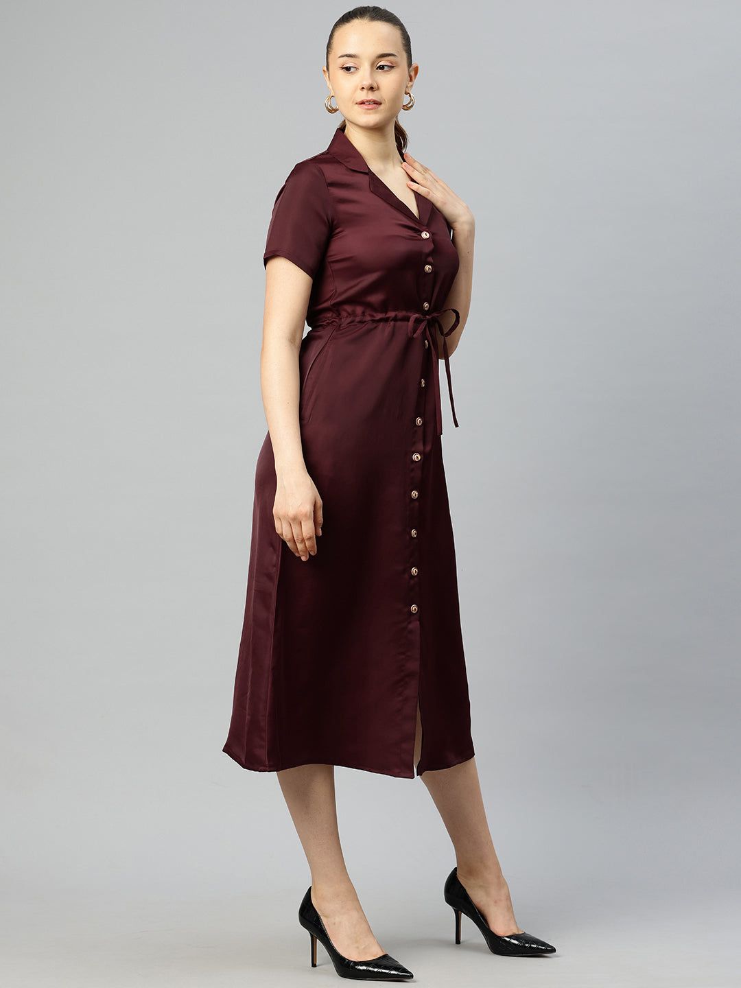 Cottinfab Satin Shirt Midi Dress With Tie-Up Detail