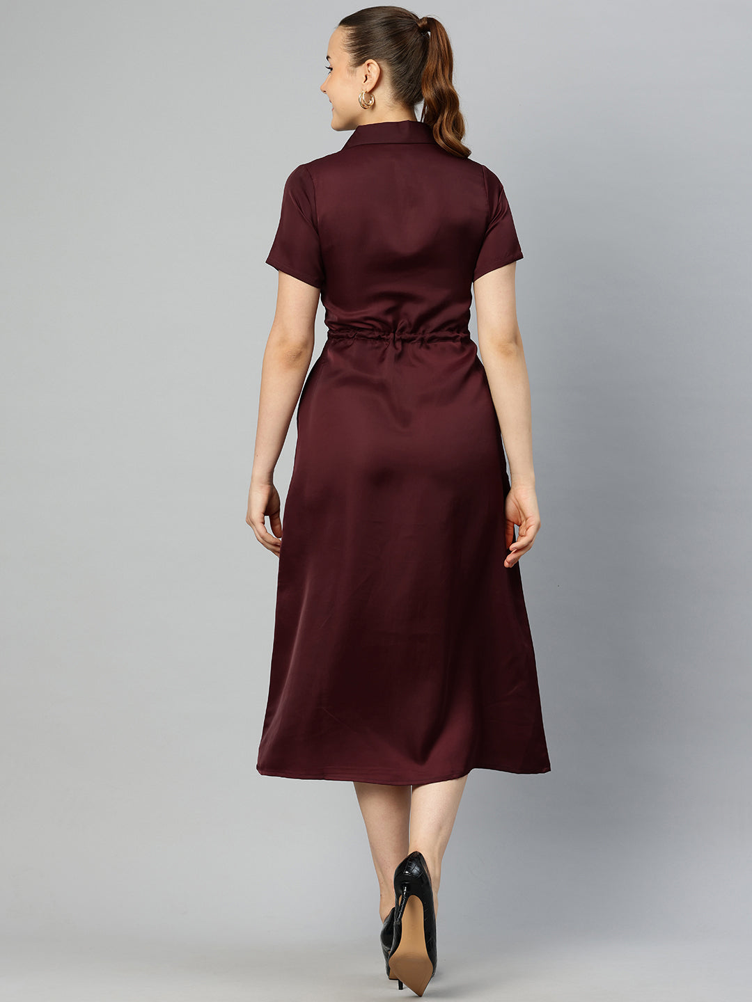 Cottinfab Satin Shirt Midi Dress With Tie-Up Detail