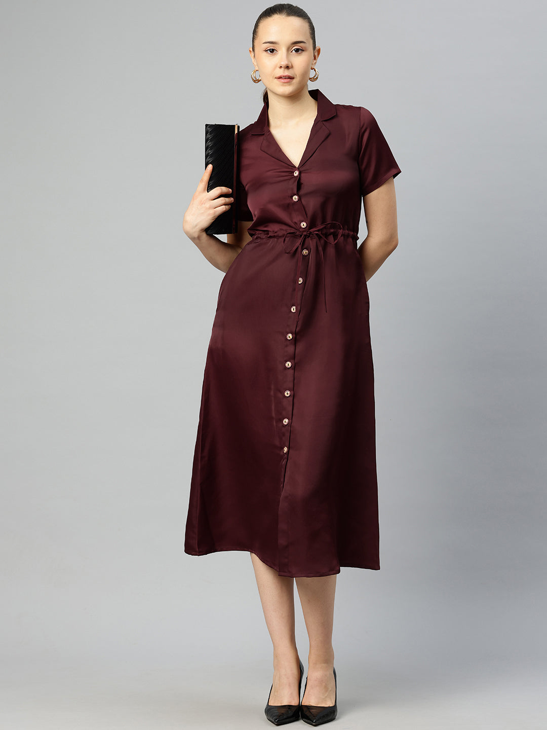 Cottinfab Satin Shirt Midi Dress With Tie-Up Detail