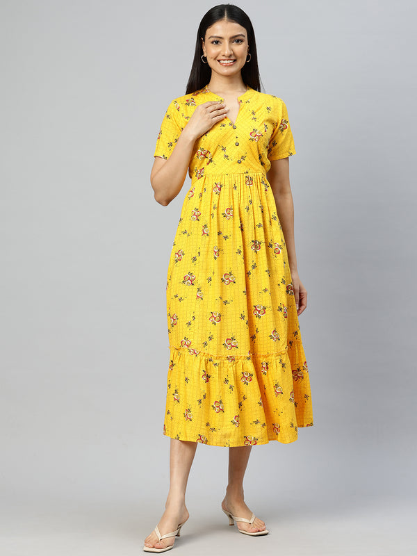 Cottinfab Floral Print Tiered Fit & Flare Midi Dress