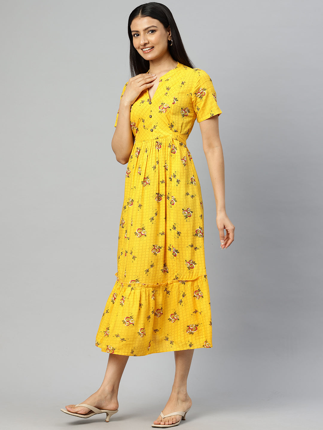 Cottinfab Floral Print Tiered Fit & Flare Midi Dress