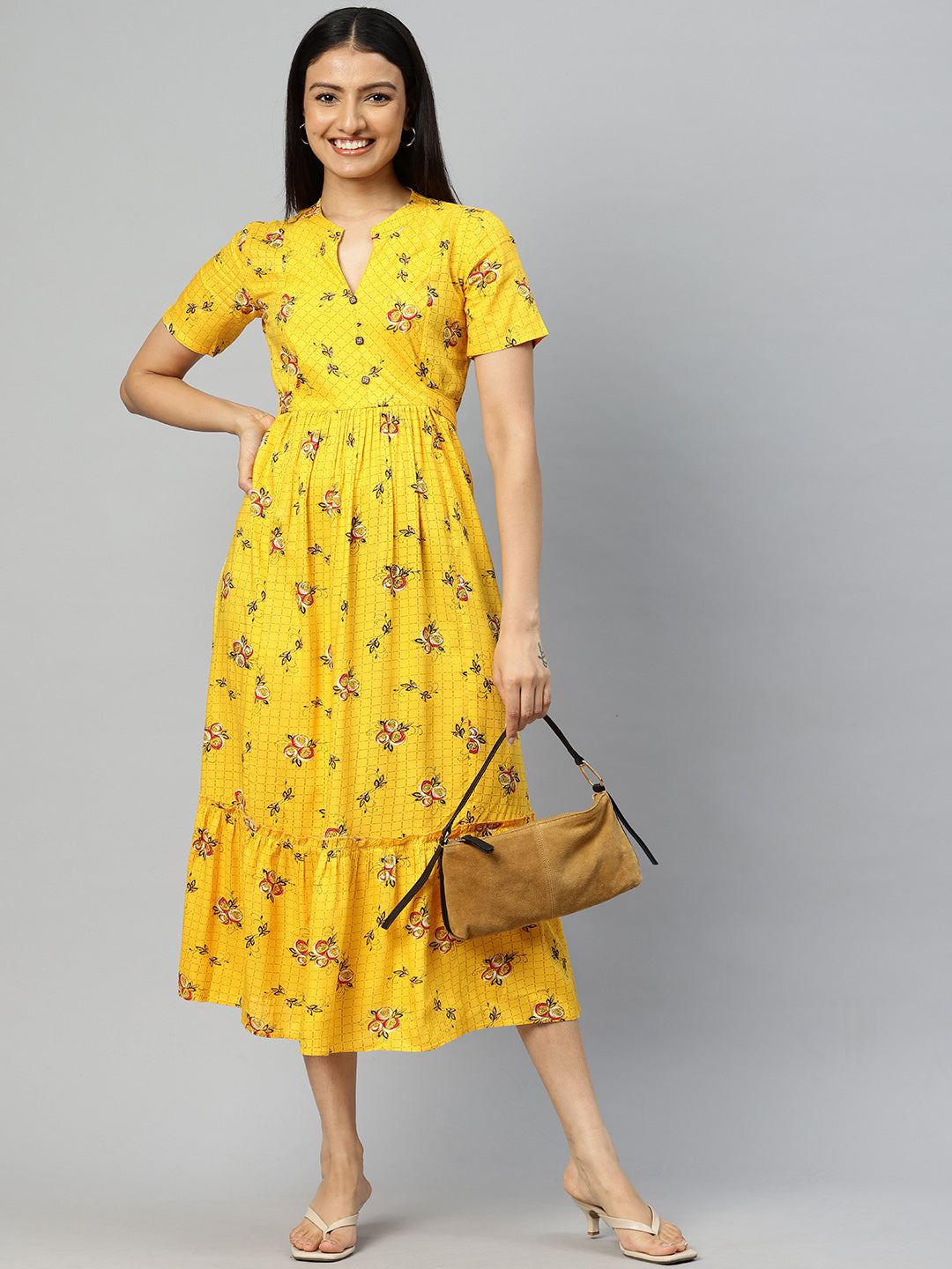 Cottinfab Floral Print Tiered Fit & Flare Midi Dress