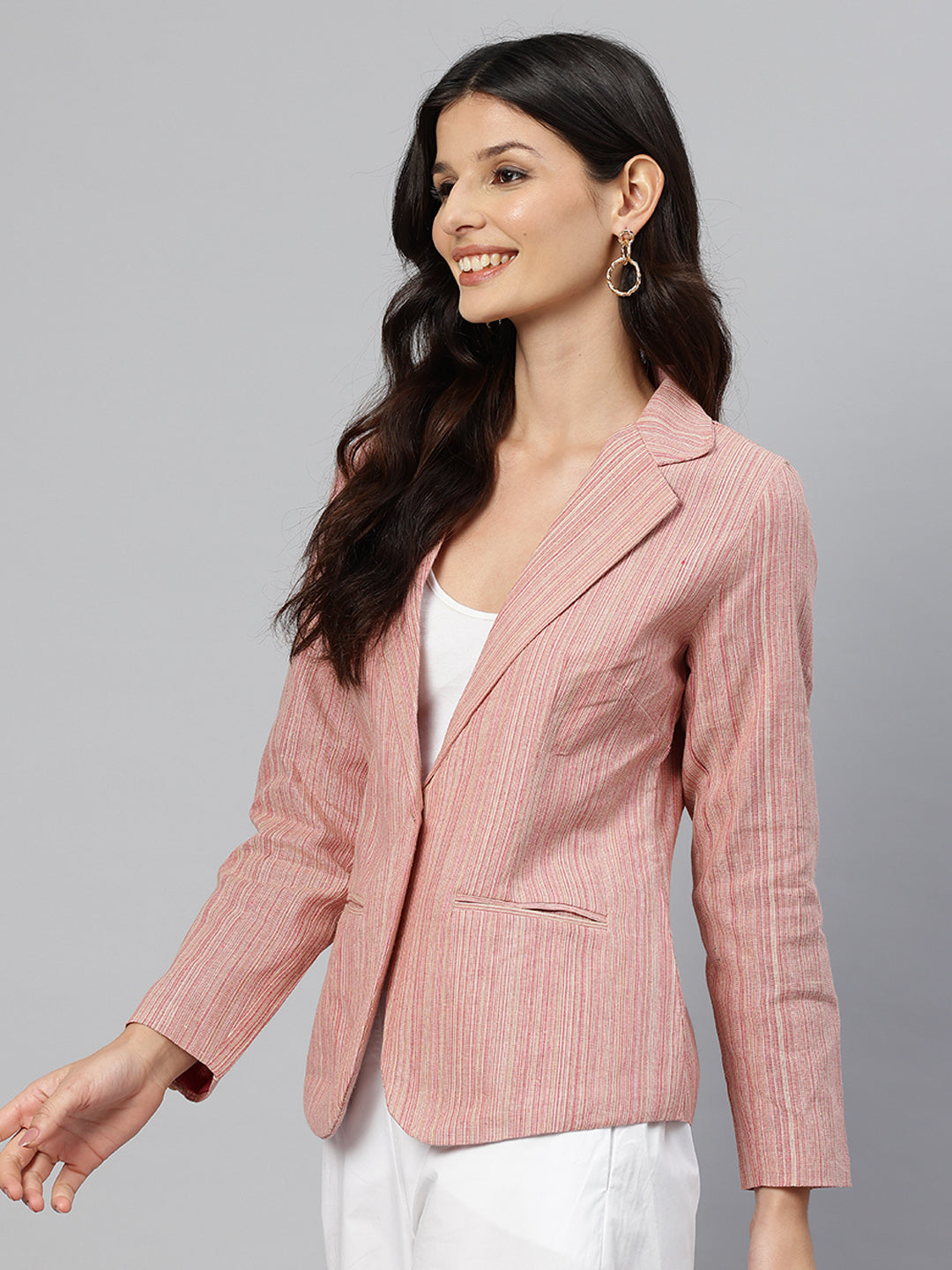 Cottinfab Striped Single-Breasted Pure Cotton Casual Blazer