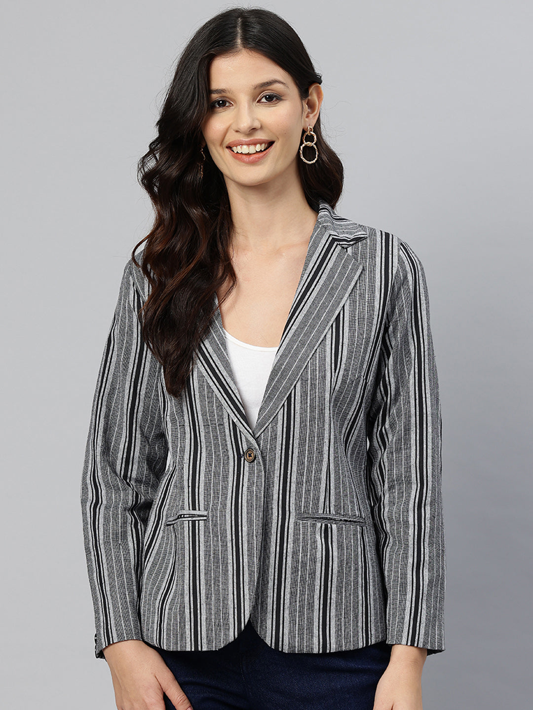 Cottinfab Striped Single-Breasted Pure Cotton Casual Blazer