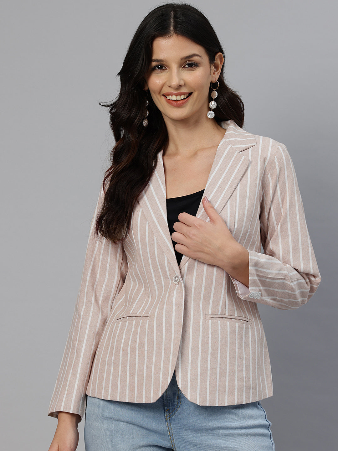 Cottinfab Striped Single-Breasted Pure Cotton Casual Blazer