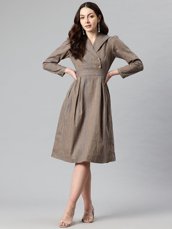 Cottinfab Striped Lapel Collar Puff Sleeve Midi Blazer Dress with Tie Up Detail