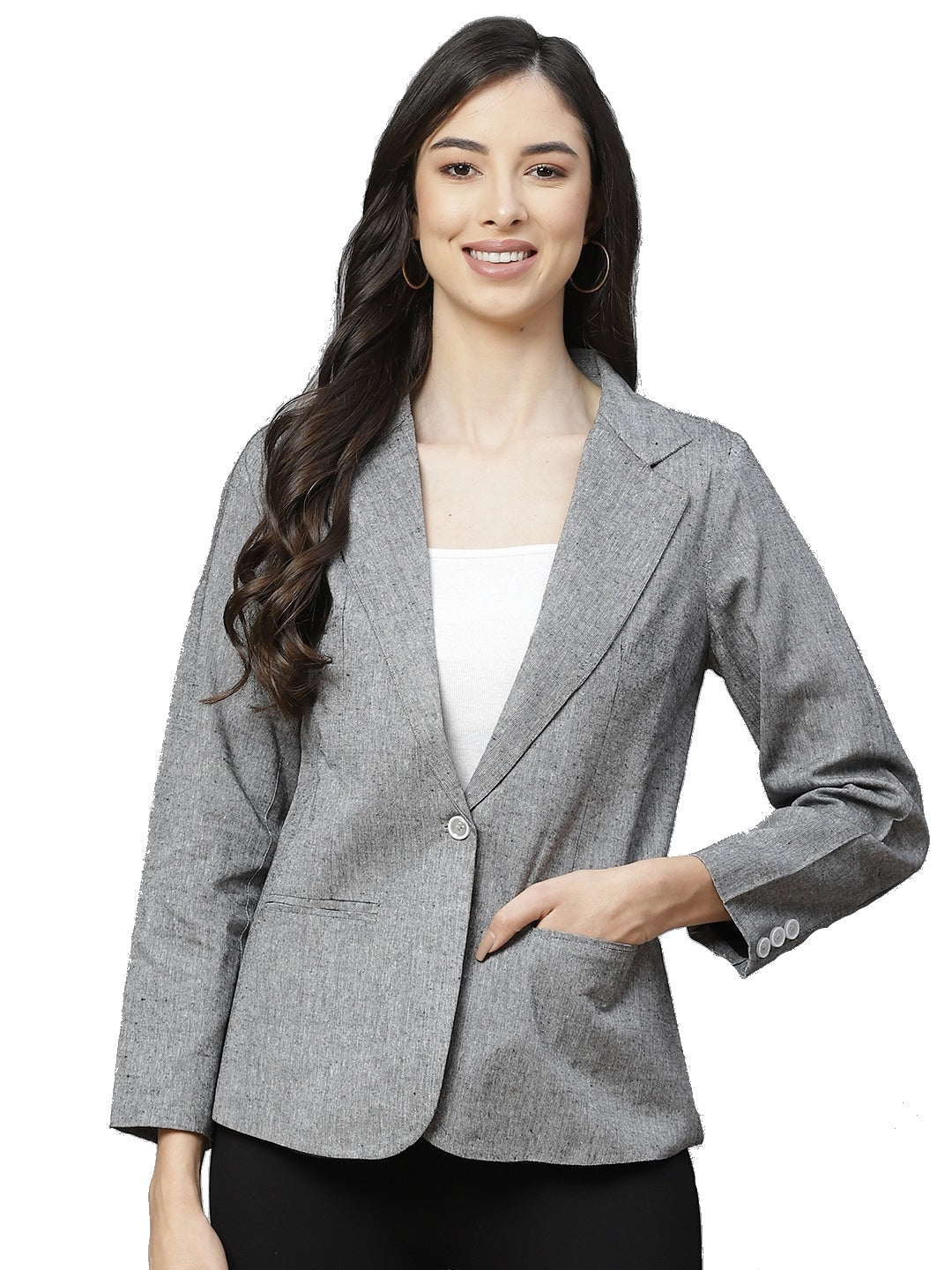 Cottinfab Women Grey Solid Regular Fit Single Breasted Blazer