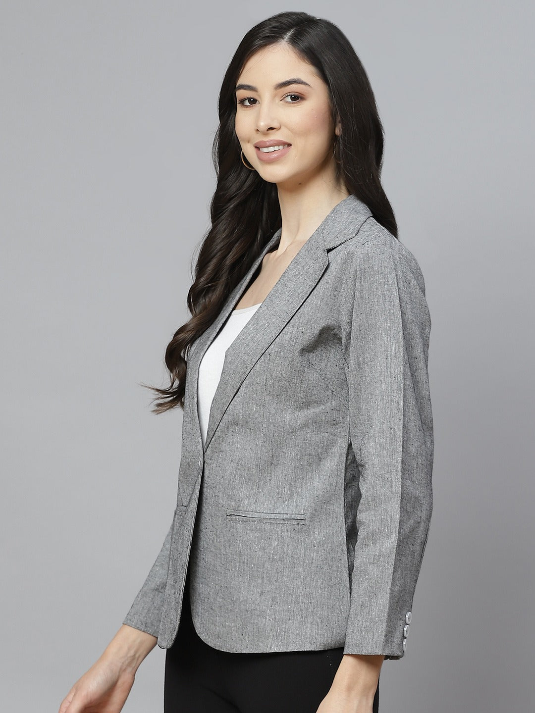 Cottinfab Women Grey Solid Regular Fit Single Breasted Blazer