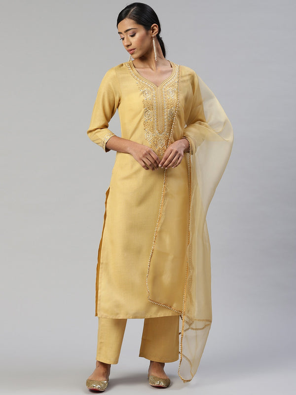 Cottinfab Women Beige Ethnic Motifs Embroidered Kurta with Trousers & With Dupatta