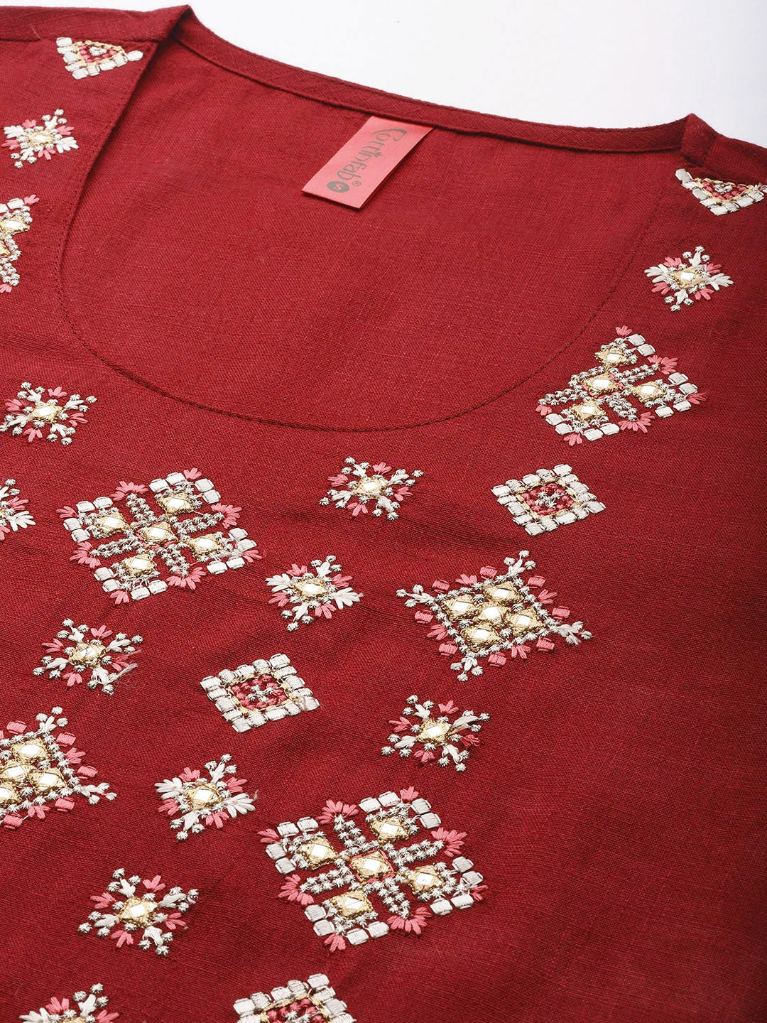 Cottinfab Women Maroon Ethnic Motifs Embroidered Patchwork Kurta with Sharara