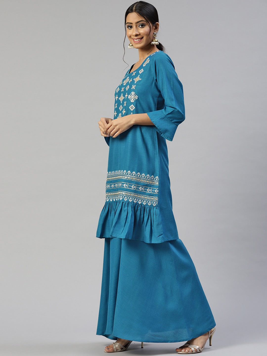 Cottinfab Women Blue Ethnic Motifs Embroidered Kurta with Sharara & With Dupatta