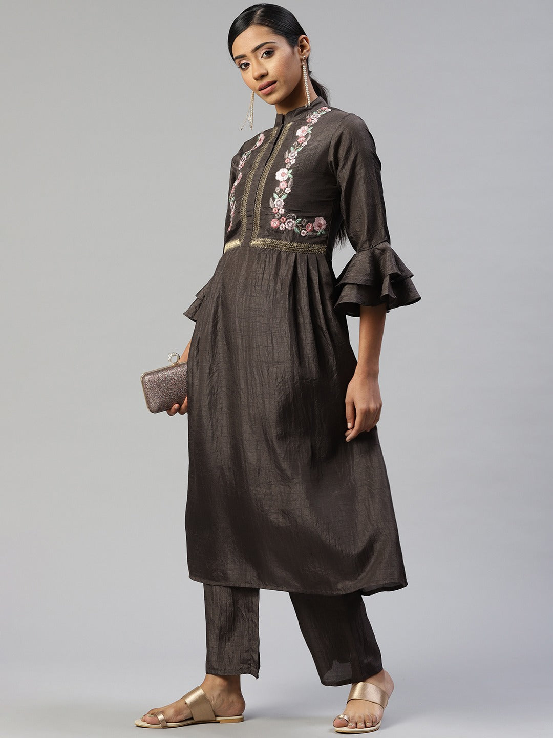 Cottinfab Floral Embroidered Sequined A-Line Kurta with Palazzos