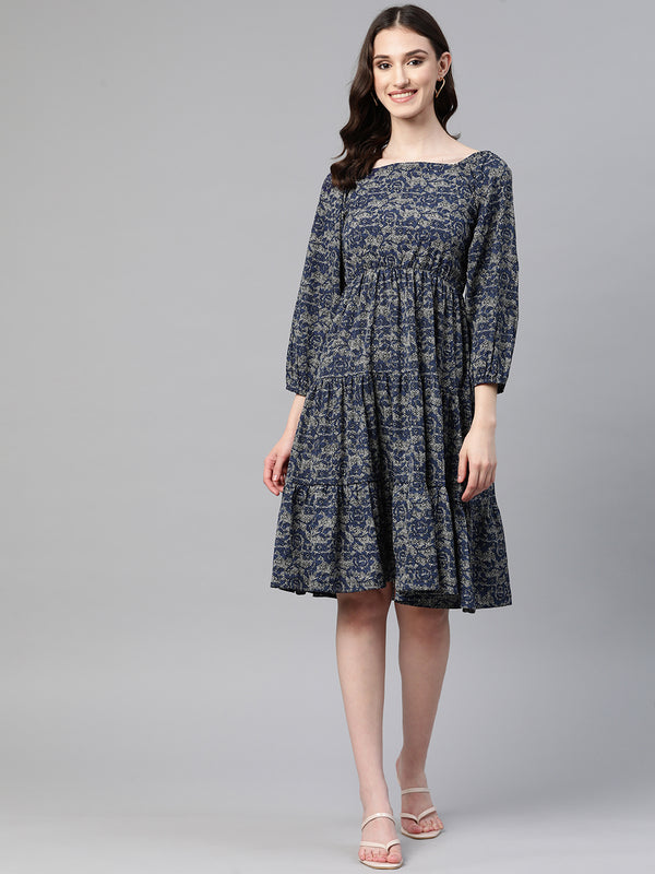 Cottinfab Printed Square Neck Puff Sleeves Crepe Dress With Tie-Ups Detail