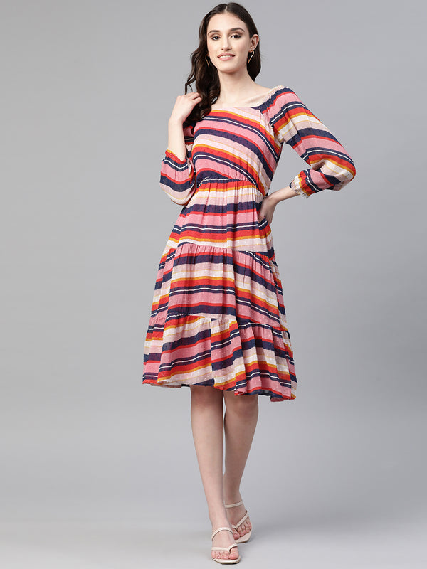 Cottinfab Striped Puff Sleeves Georgette Dress With Tie-Ups Detail