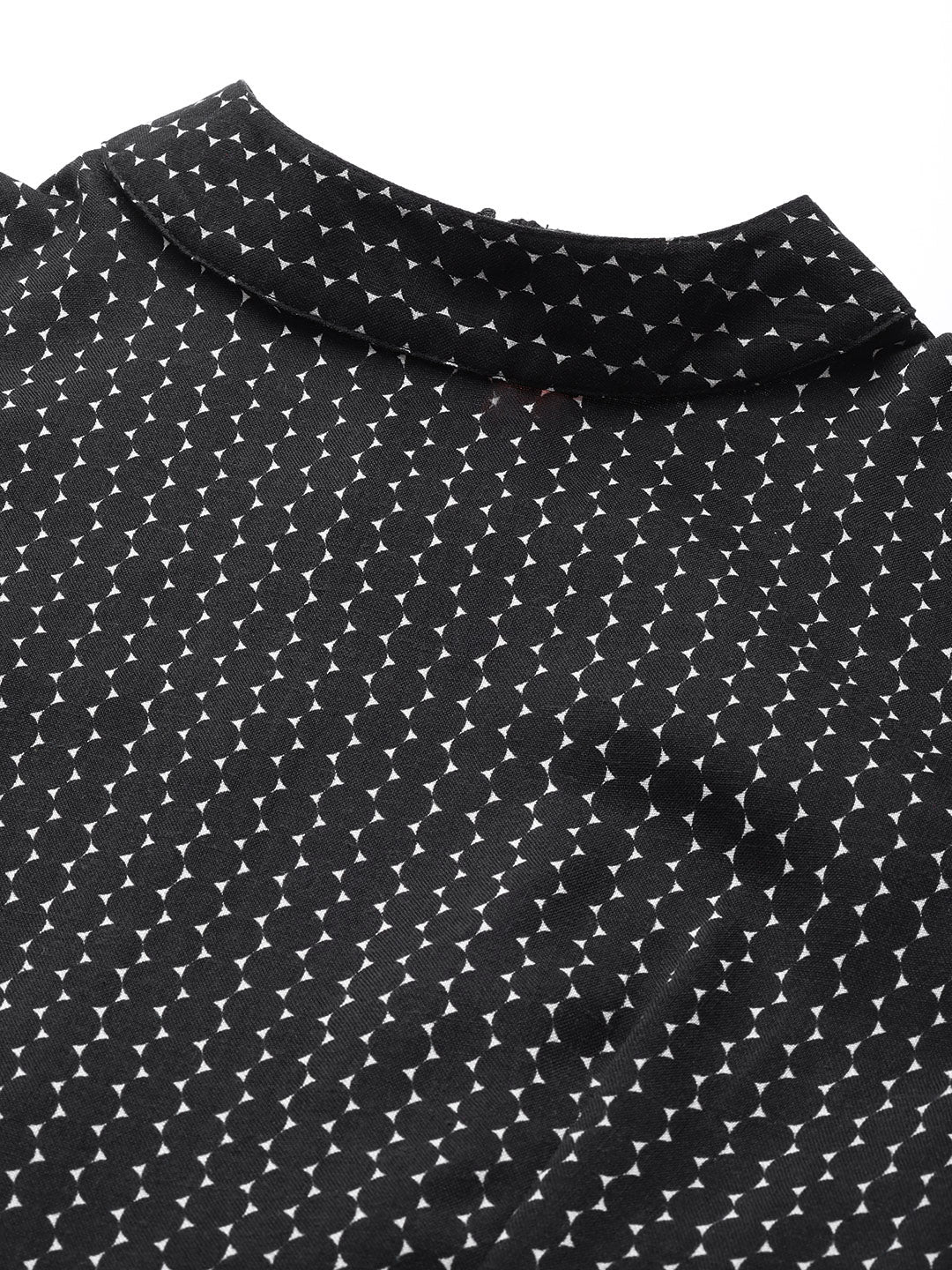 Cottinfab Geometric Print High Neck Ruffled Crepe A-Line Dress