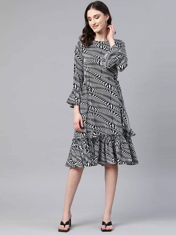 Cottinfab Printed Bell Sleeves Tiered Crepe Dress With Tie-Ups Detail