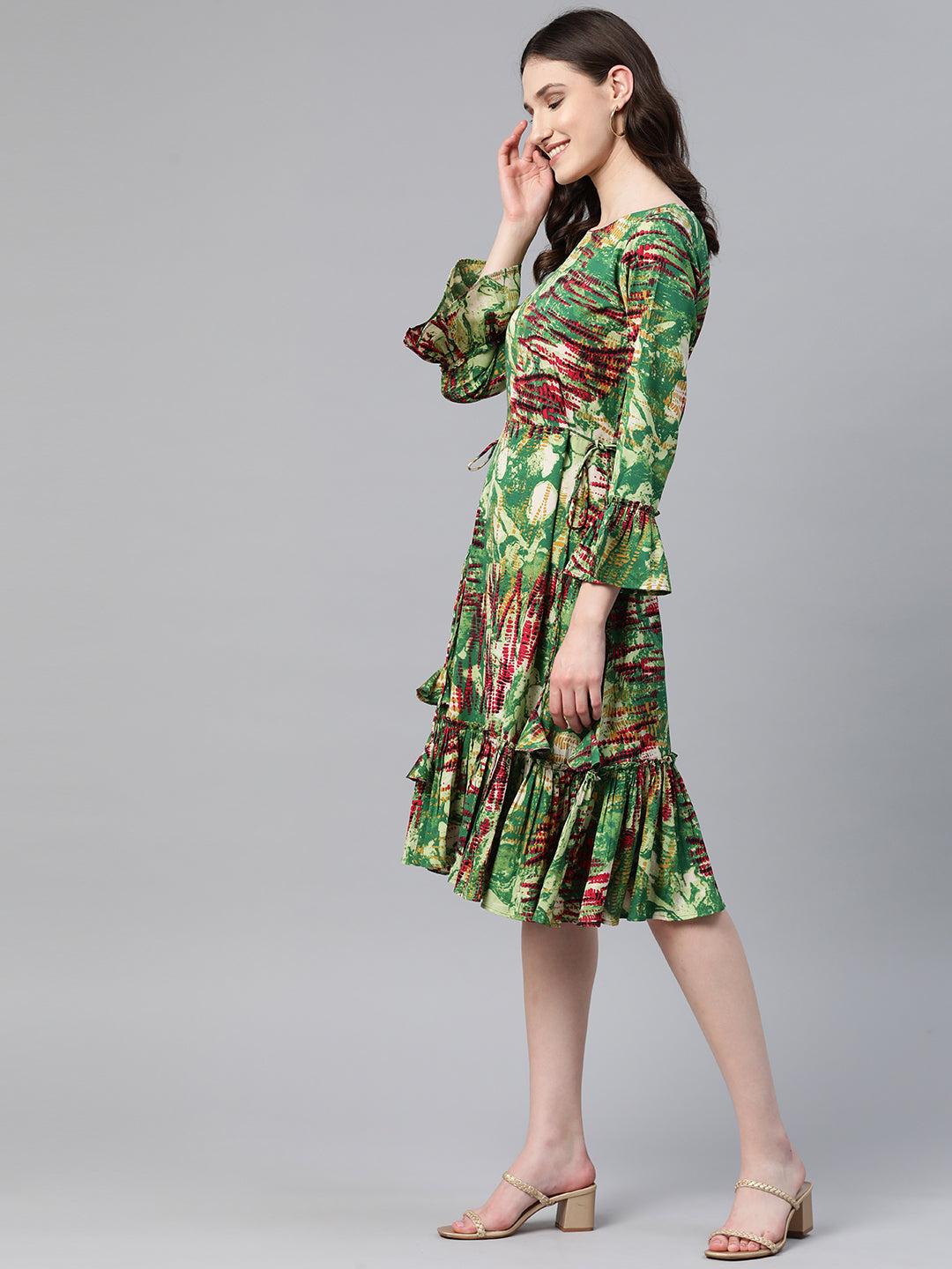 Cottinfab Abstract Printed Bell Sleeves Tiered Crepe Dress With Tie-Ups Detail