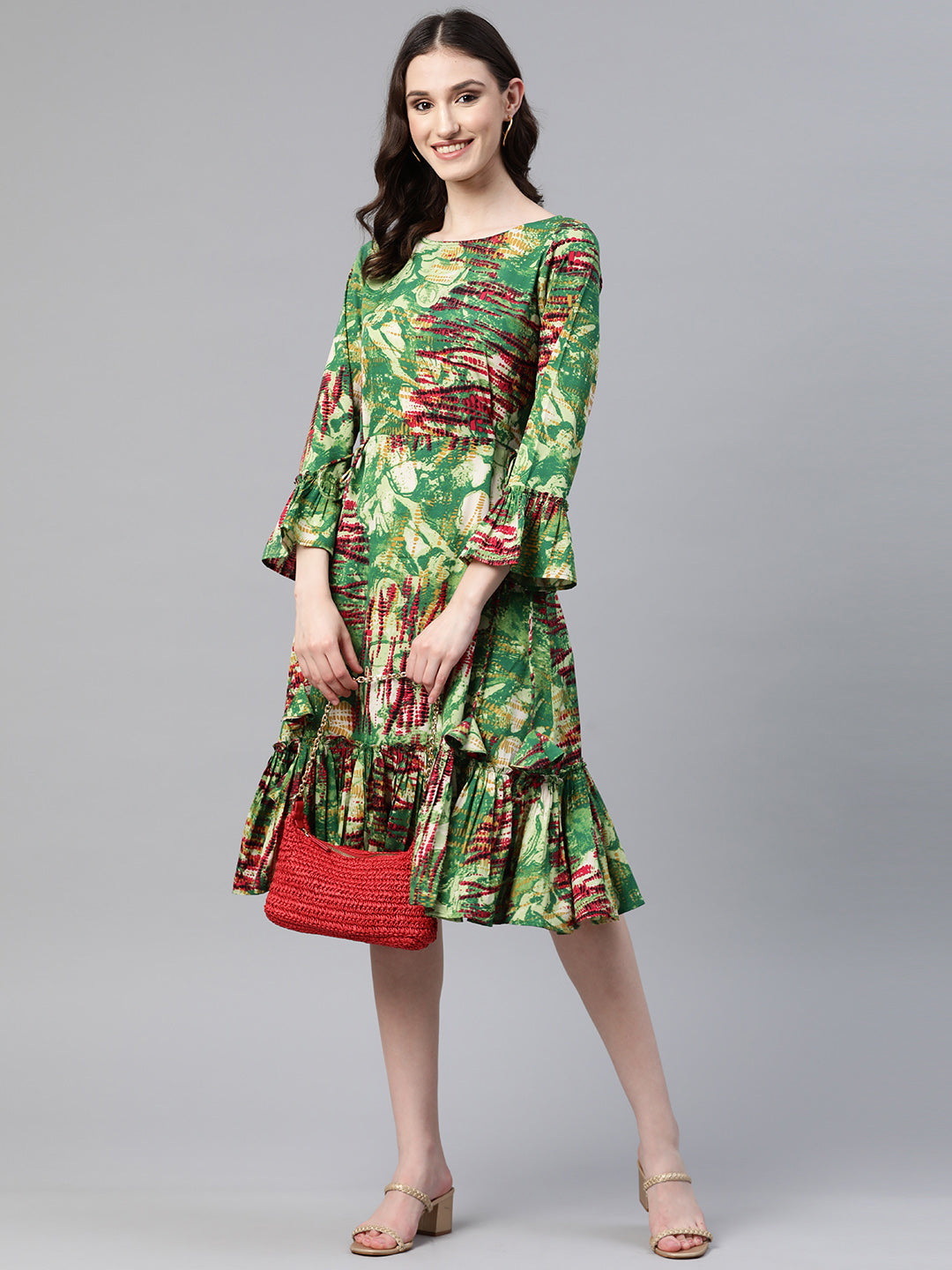 Cottinfab Abstract Printed Bell Sleeves Tiered Crepe Dress With Tie-Ups Detail