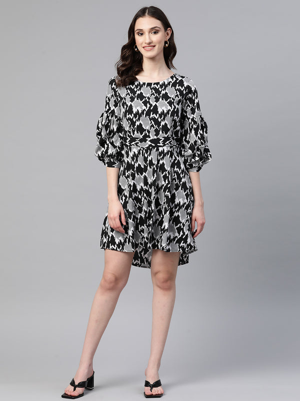 Cottinfab Printed Boat Neck Puff Sleeves Crepe A-Line Dress