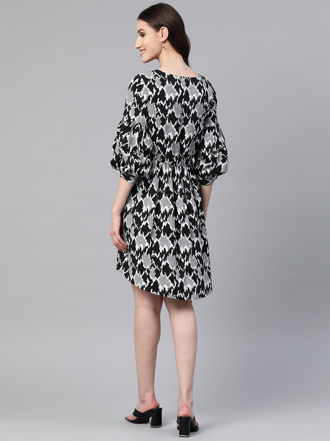 Cottinfab Printed Boat Neck Puff Sleeves Crepe A-Line Dress