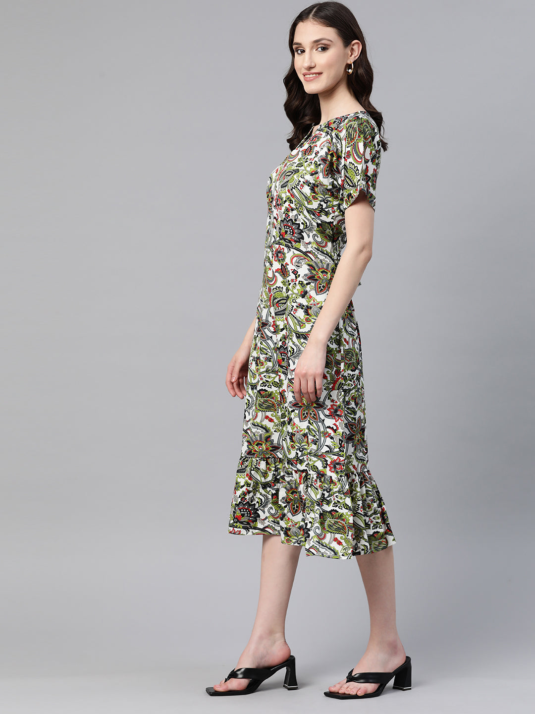 Cottinfab Floral Print Crepe Tiered A-Line Midi Dress With Tie-Ups Detail