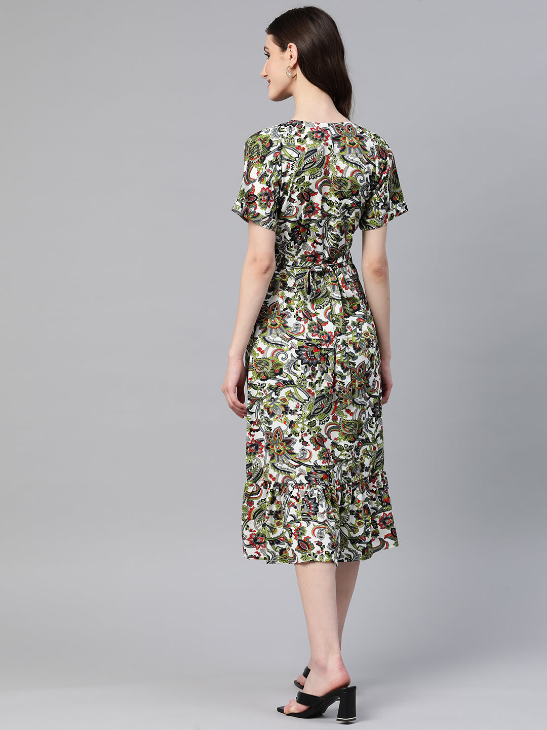 Cottinfab Floral Print Crepe Tiered A-Line Midi Dress With Tie-Ups Detail