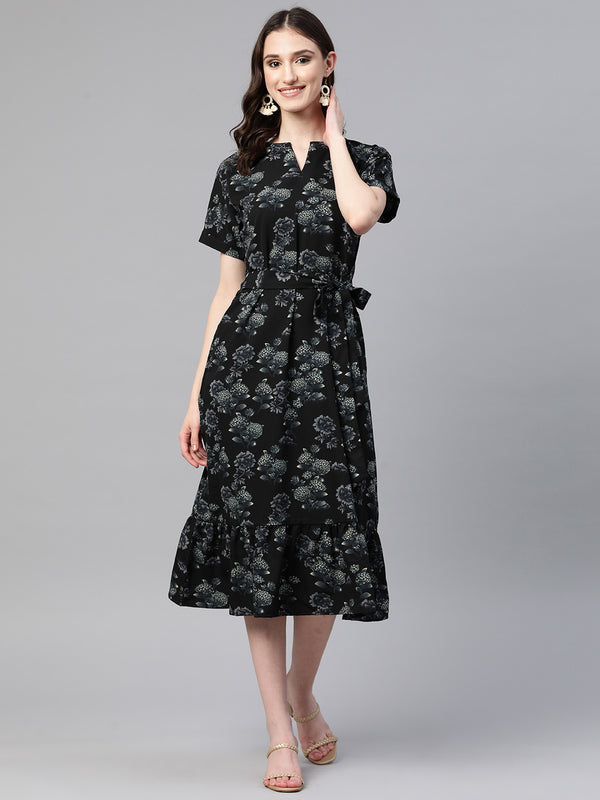 Cottinfab Floral Crepe Tiered A-Line Midi Dress With Tie-Ups Detail
