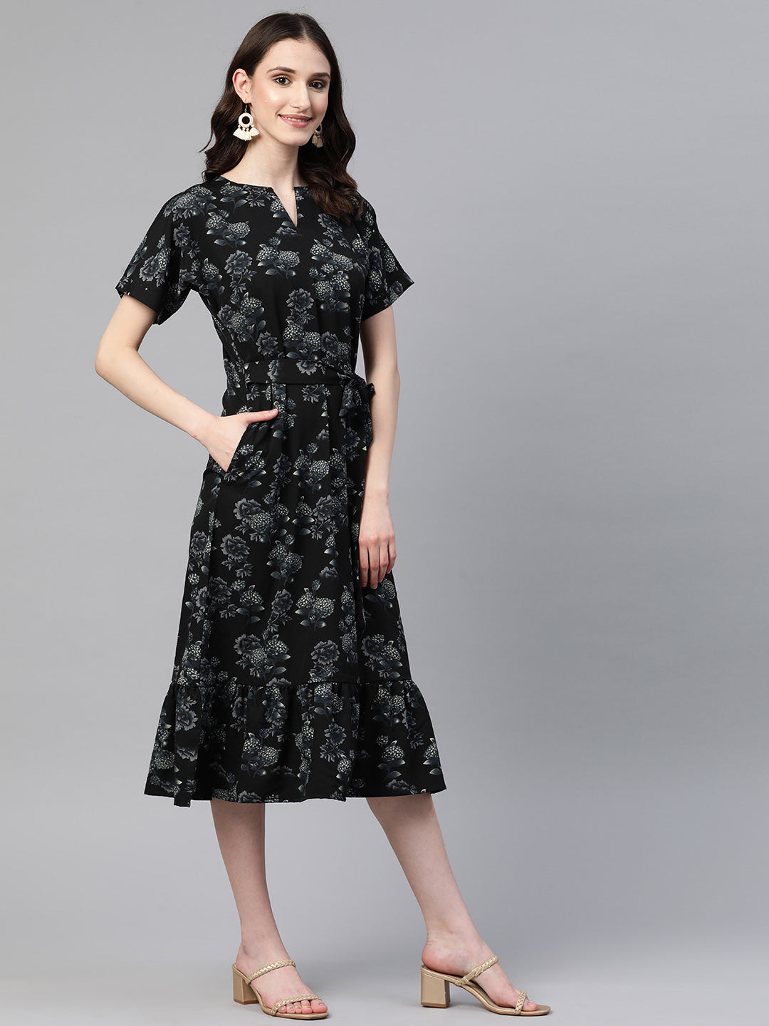 Cottinfab Floral Crepe Tiered A-Line Midi Dress With Tie-Ups Detail