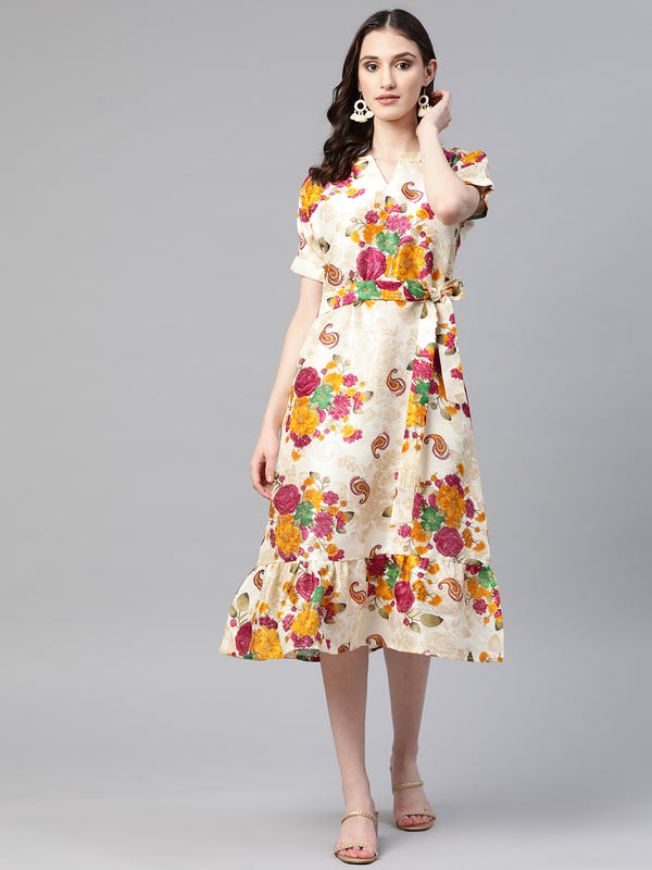 Cottinfab Floral Print Tiered A-Line Midi Dress With Tie-Ups Detail