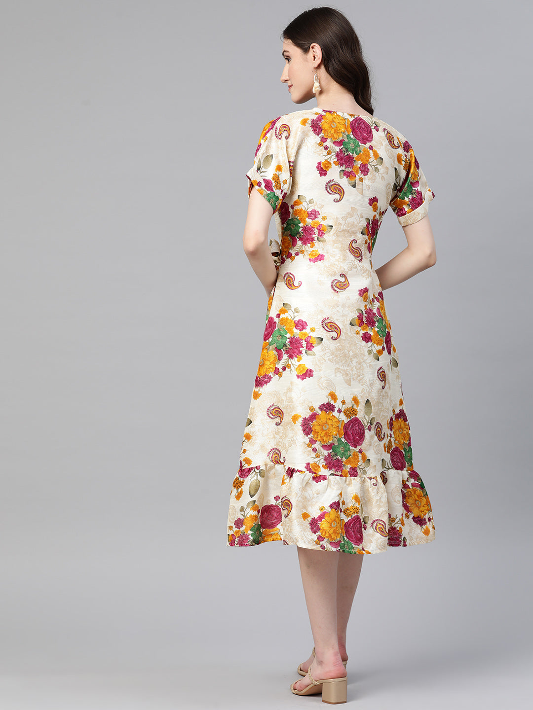 Cottinfab Floral Print Tiered A-Line Midi Dress With Tie-Ups Detail