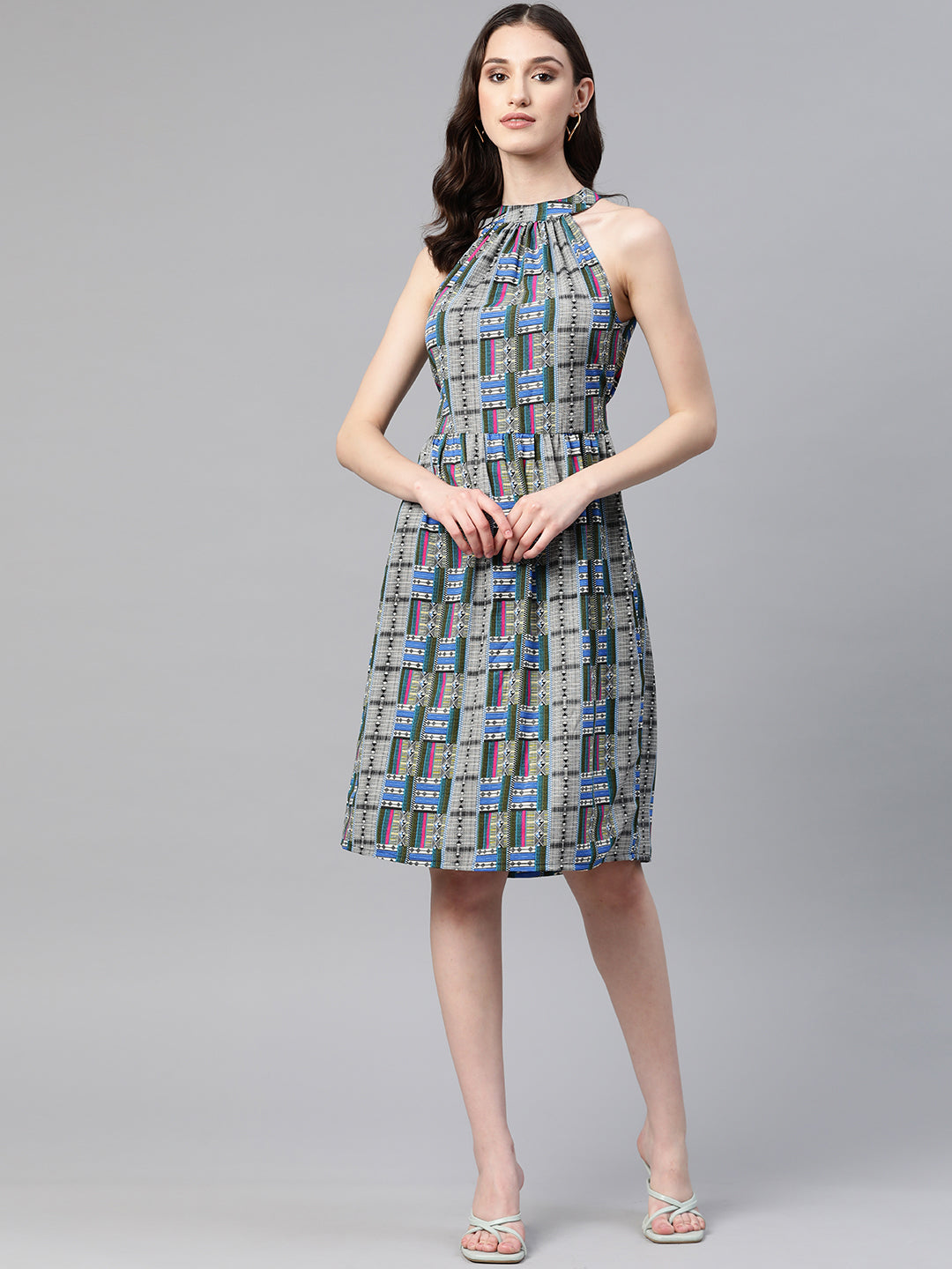 Cottinfab Geometric Print Halter Neck Crepe A-Line Dress With Tie-Ups Detail