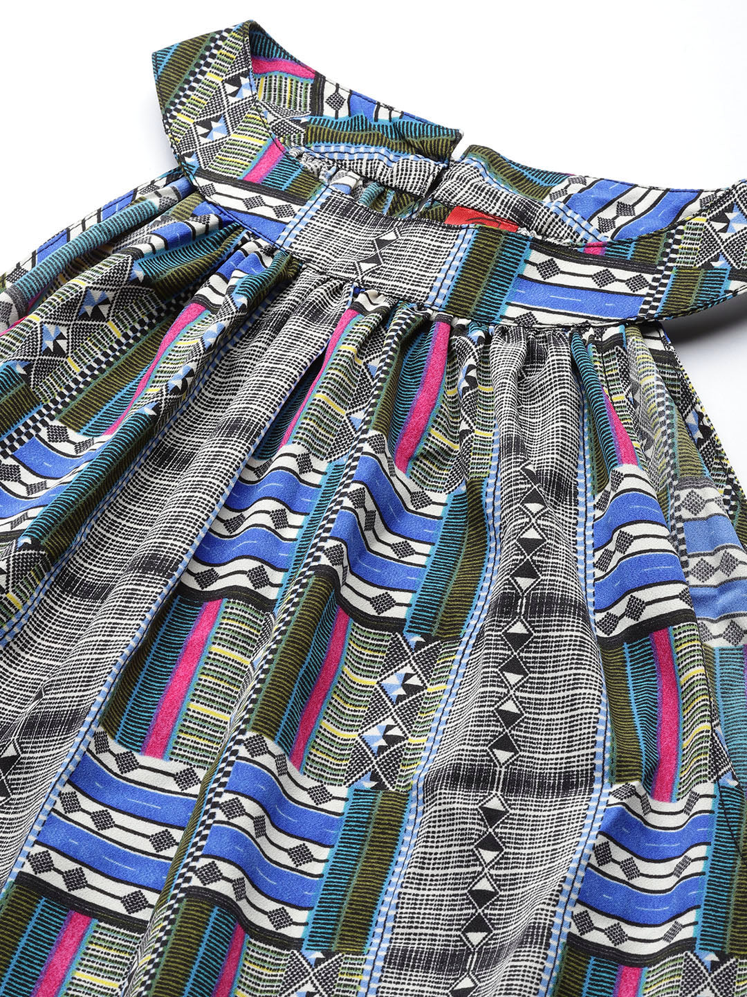 Cottinfab Geometric Print Halter Neck Crepe A-Line Dress With Tie-Ups Detail