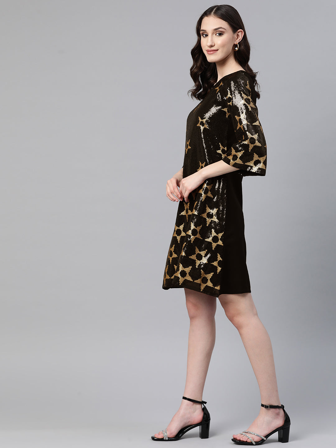 Cottinfab Stars Sequinned Flared Sleeves A-Line Dress
