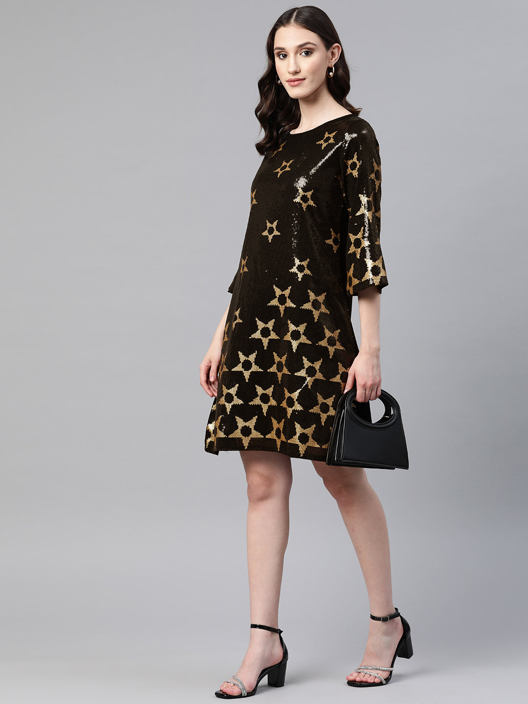 Cottinfab Stars Sequinned Flared Sleeves A-Line Dress