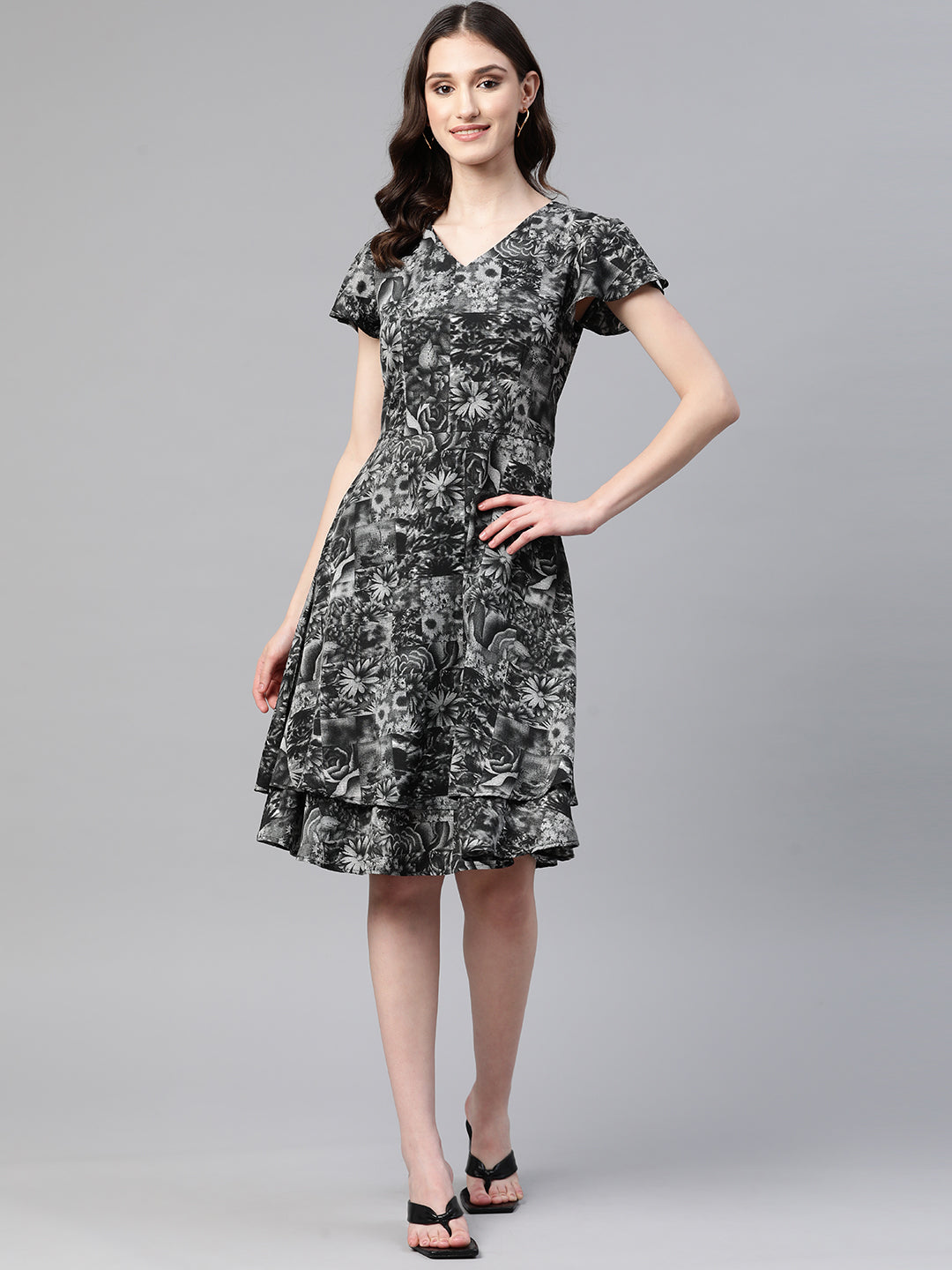 Cottinfab Floral Print Flared Sleeves Layered Crepe A-Line Dress