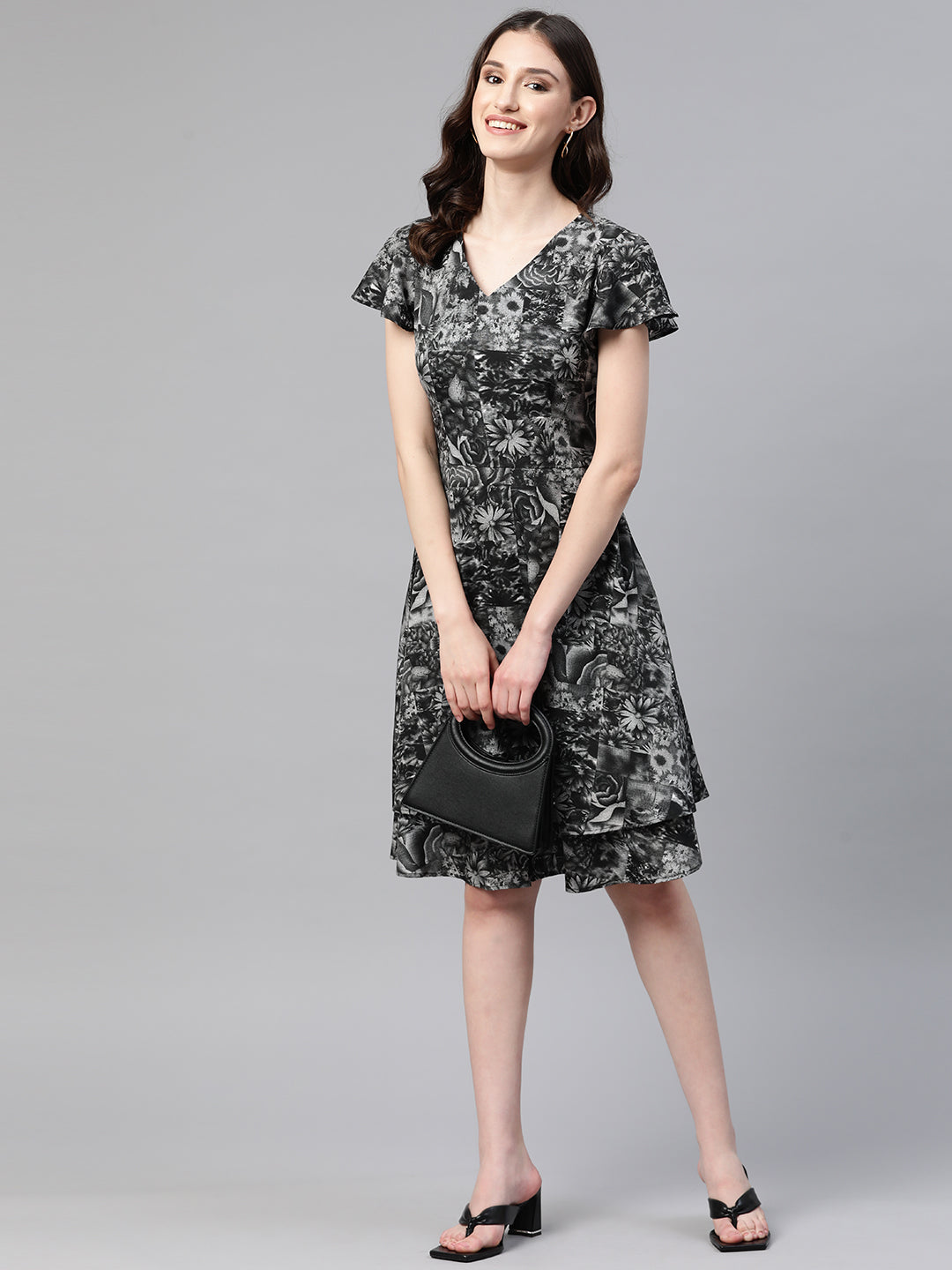 Cottinfab Floral Print Flared Sleeves Layered Crepe A-Line Dress