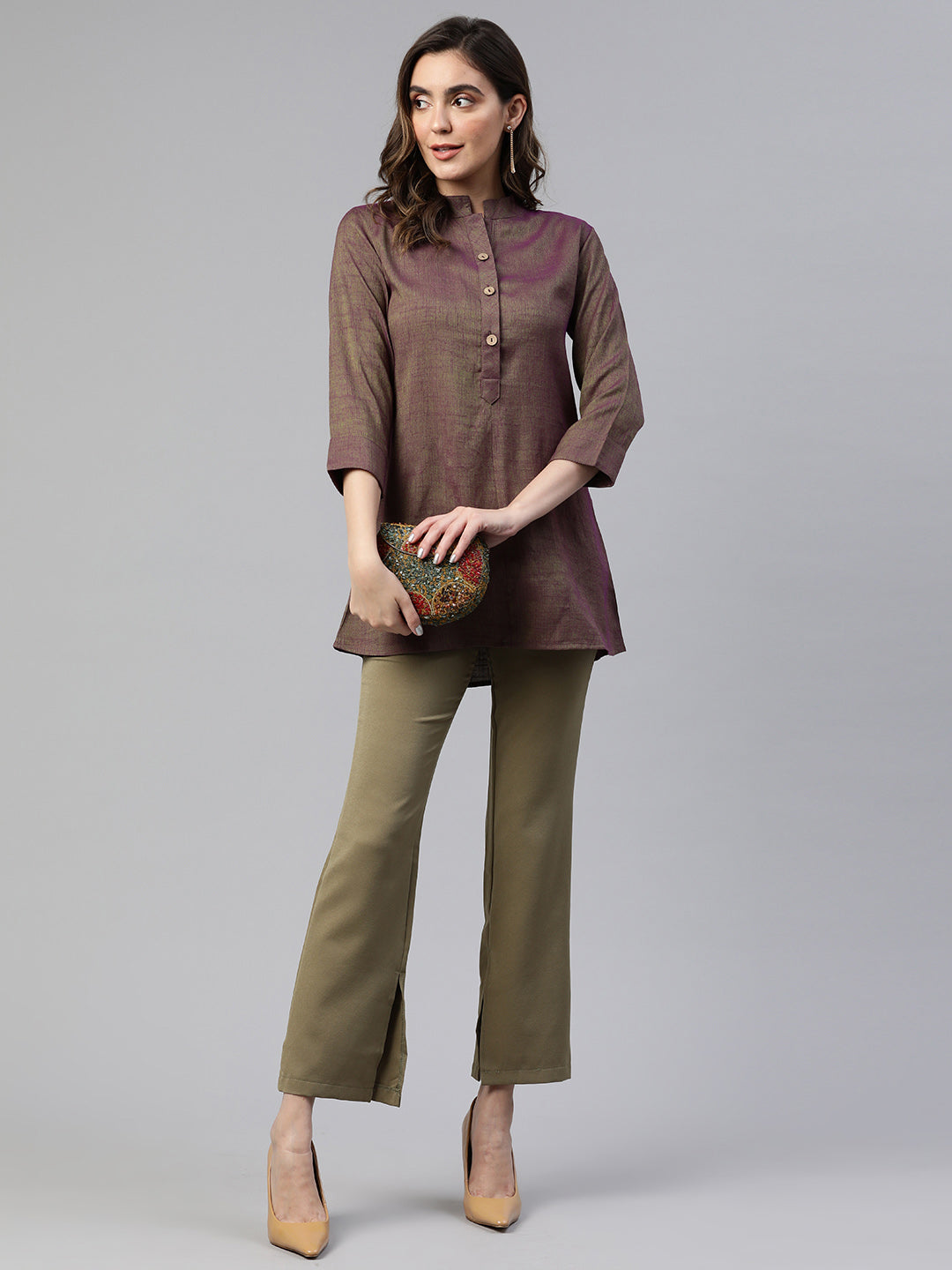 Cottinfab Mandarin Collar Shirt Style Longline Top