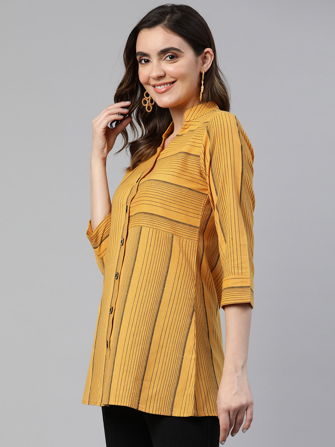 Cottinfab Striped Mandarin Collar Cotton Shirt Style Longline Top