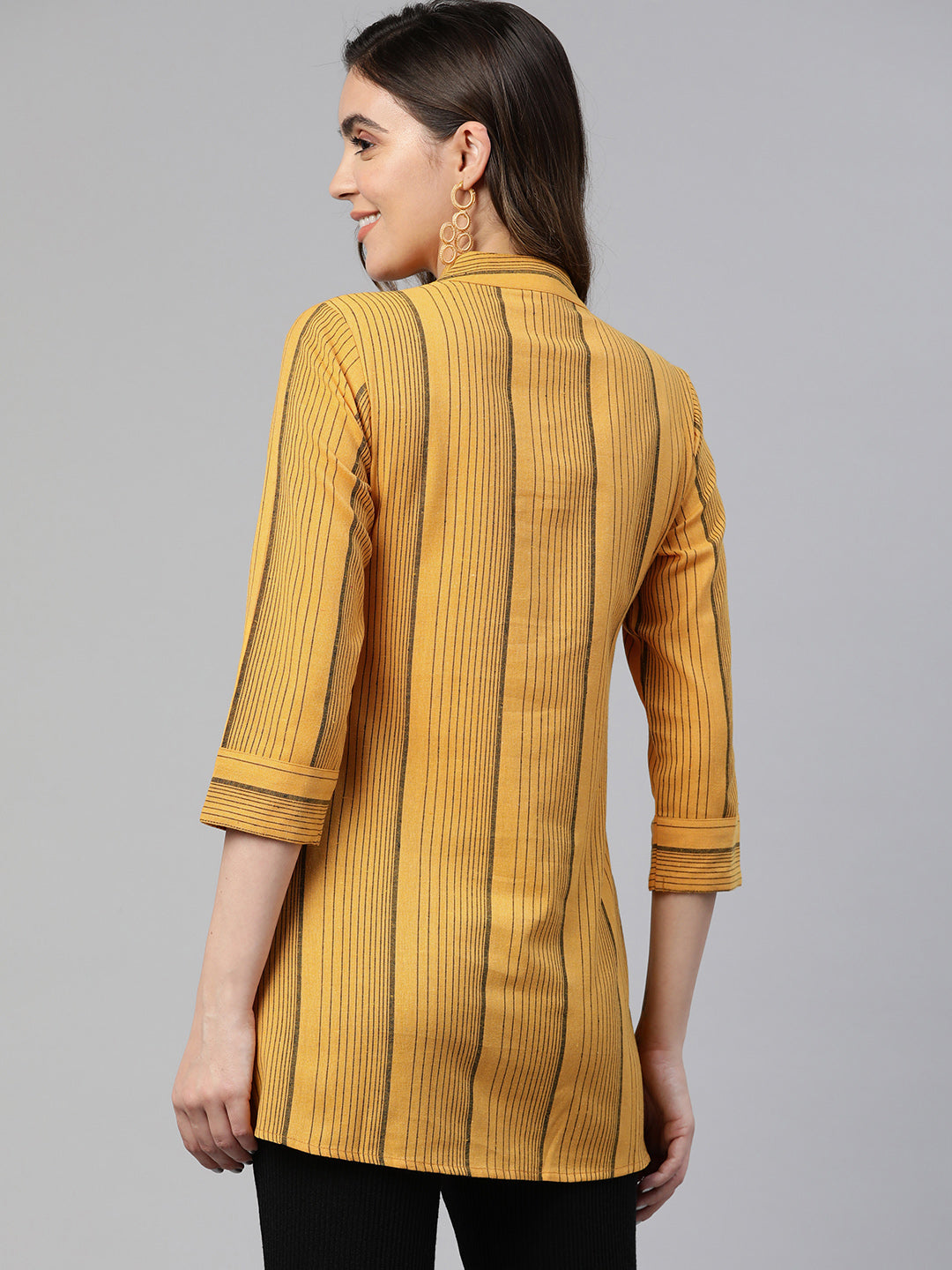 Cottinfab Striped Mandarin Collar Cotton Shirt Style Longline Top