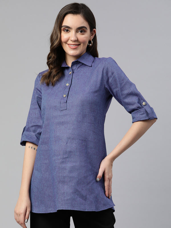 Cottinfab Roll-Up Sleeves Cotton Shirt Style Longline Top